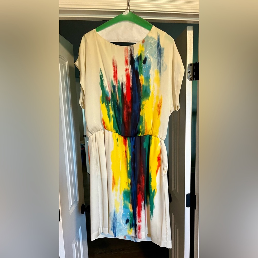 ECI New York dress. Ivory/cream with vibrant painted colors!